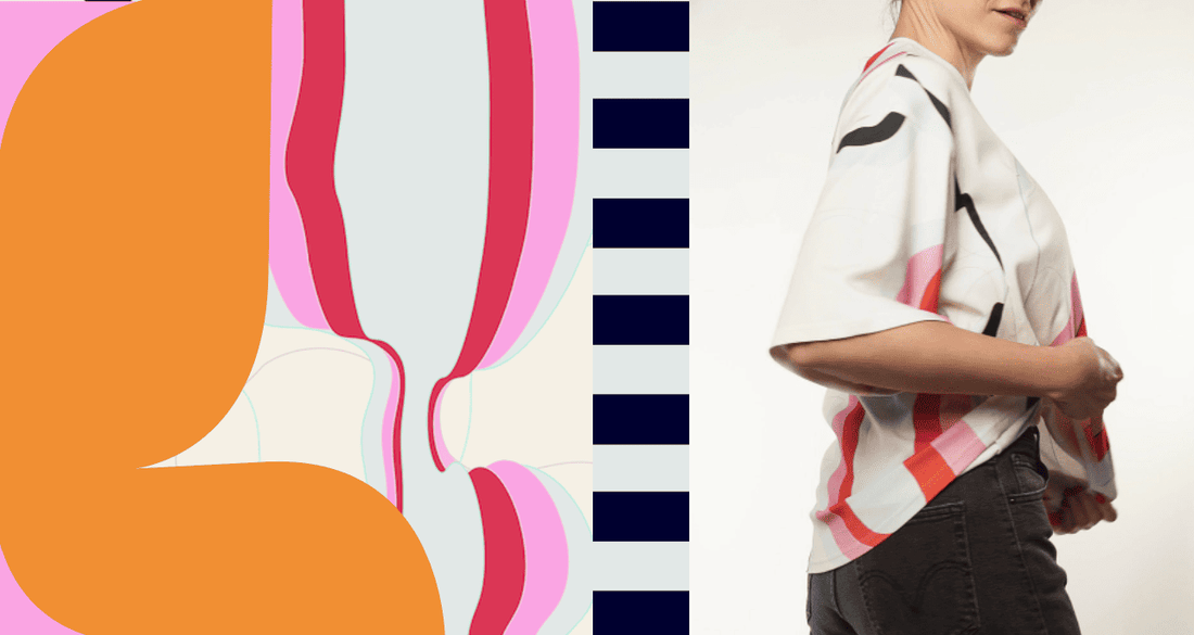 Dopamine color moodboard collage featuring bright abstract shapes in bold pink, orange, and blue tones alongside a colorful nursing T-shirt styled as part of a joyful motherhood aesthetic.