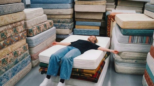Woman resting on a mattress in a room filled with mattresses