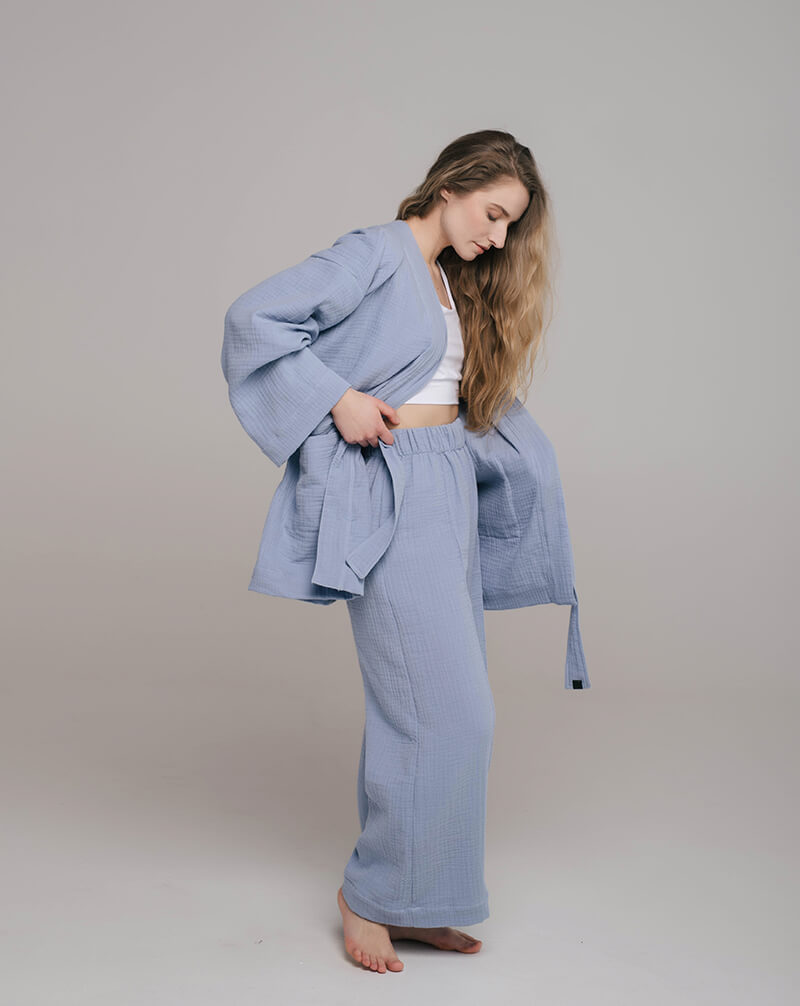 Blue Postpartum Kimono Loungewear Set