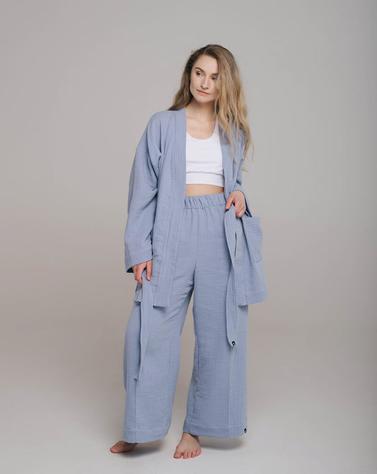 Blue Postpartum Kimono Loungewear Set