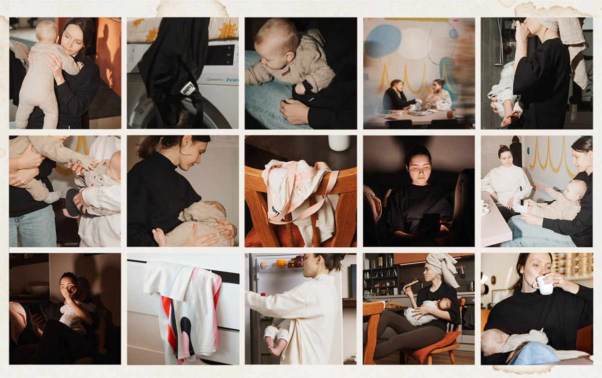 Collage of multiple images showcasing everyday motherhood situations at home and in a café.